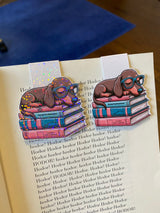 Sleeping dachshund doxie dog magnetic bookmark lounging on books