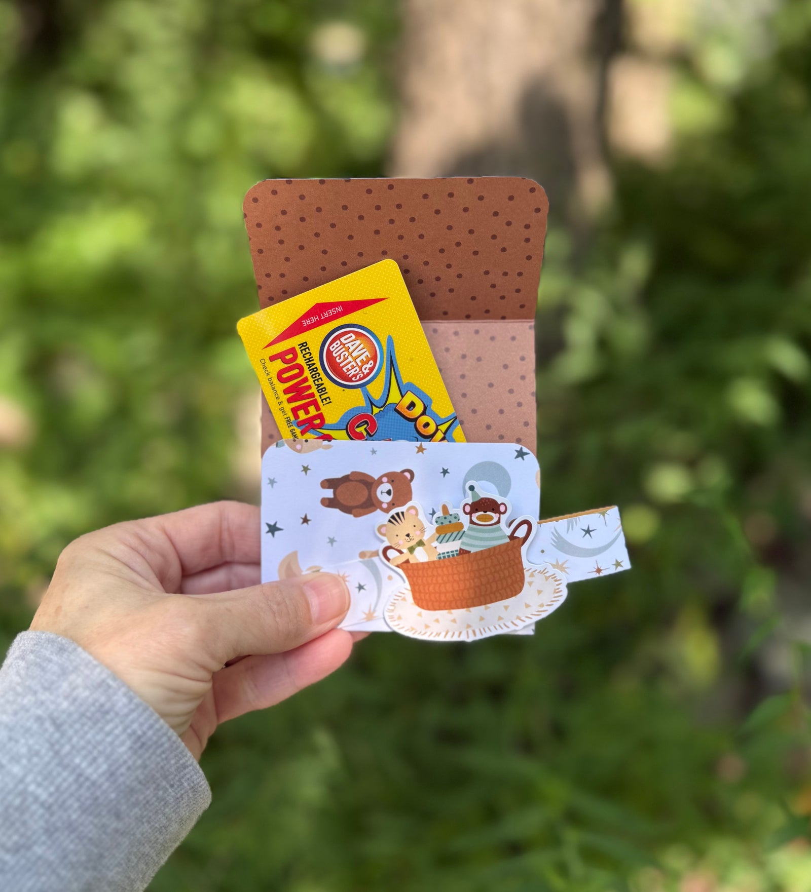 Giraffe and teddy gift card holder open showing pocket