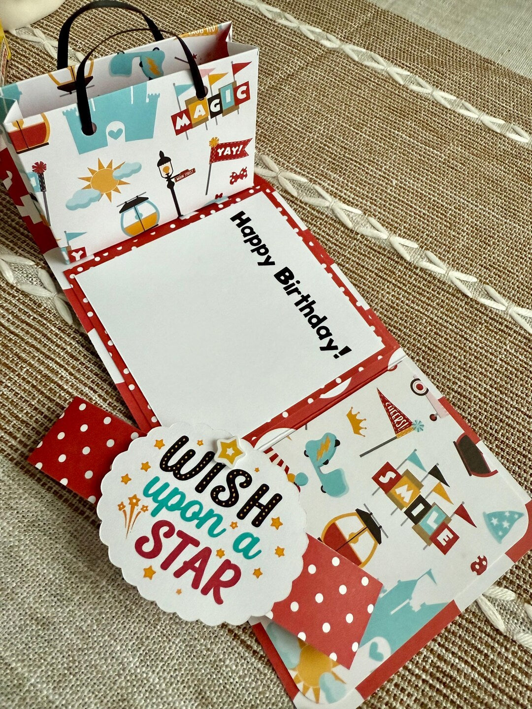 Inside view of handmade birthday card with 'Happy Birthday!' sentiment and 'Wish upon a Star' gift bag