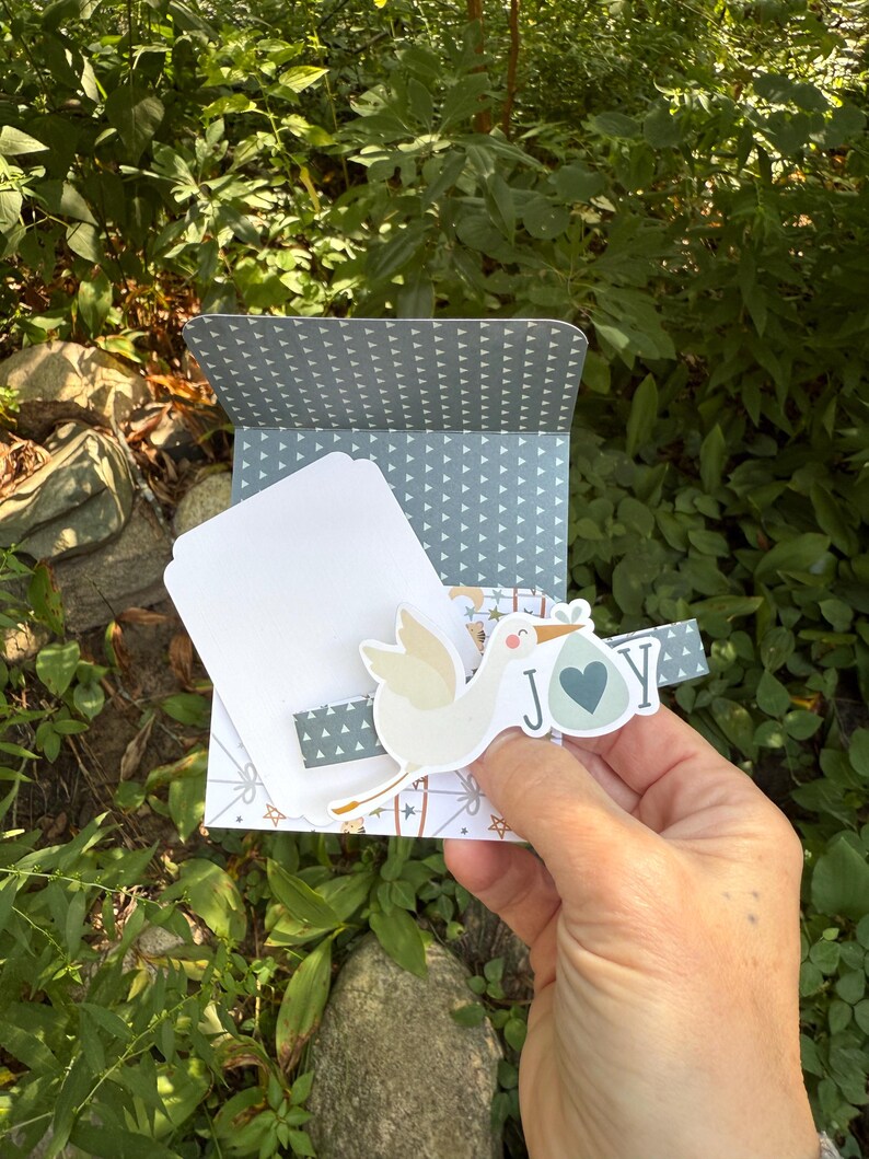 Stork baby gift card holder open showing pocket