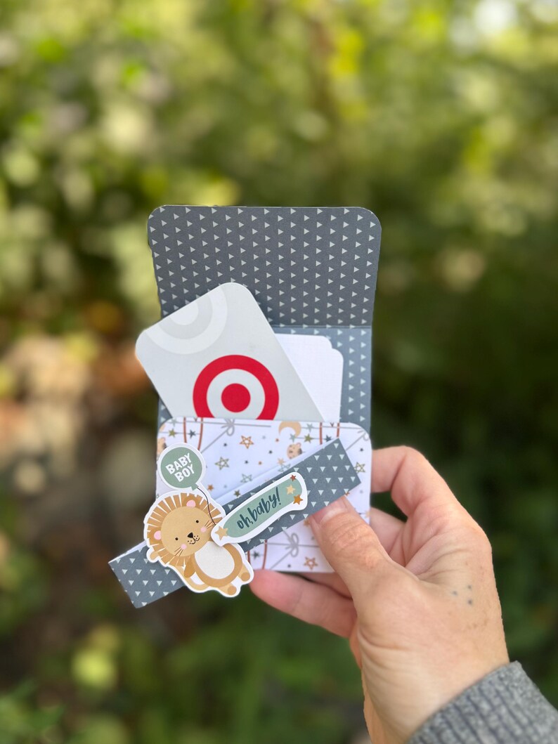 Lion baby boy gift card holder open showing pocket