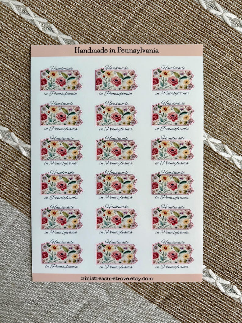 Handmade in your state stickers on packaging