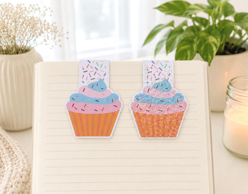 Handmade cupcake magnetic bookmark with frosting and sprinkles