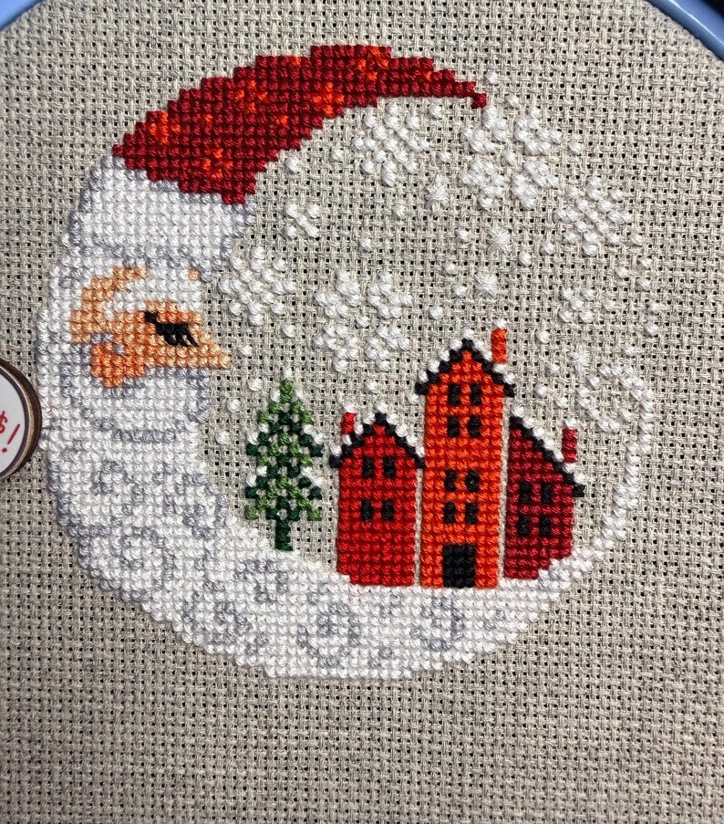 Cross-stitch embroidery — Santa Christmas Village design unframed