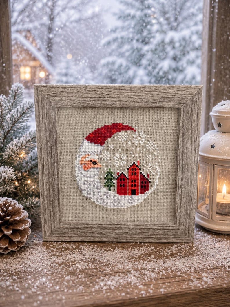 Framed cross-stitch — Santa Christmas Village, distressed brown frame