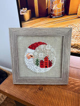 Framed cross-stitch — Santa Christmas Village, gray frame