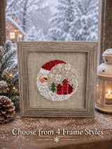 Framed cross-stitch — Santa Christmas Village, shows 4 frame style options