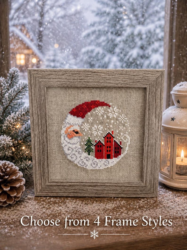 Framed cross-stitch — Santa Christmas Village, shows 4 frame style options