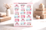 Happy Mail thank-you sticker sheet propped beside dried flowers and kraft gift boxes — 18 small-business packaging stickers
