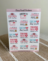 Happy Mail sticker sheet on a woven placemat featuring 'Your Order Made My Day', 'Handcrafted with Love', and 'Thank You for Shopping Small'