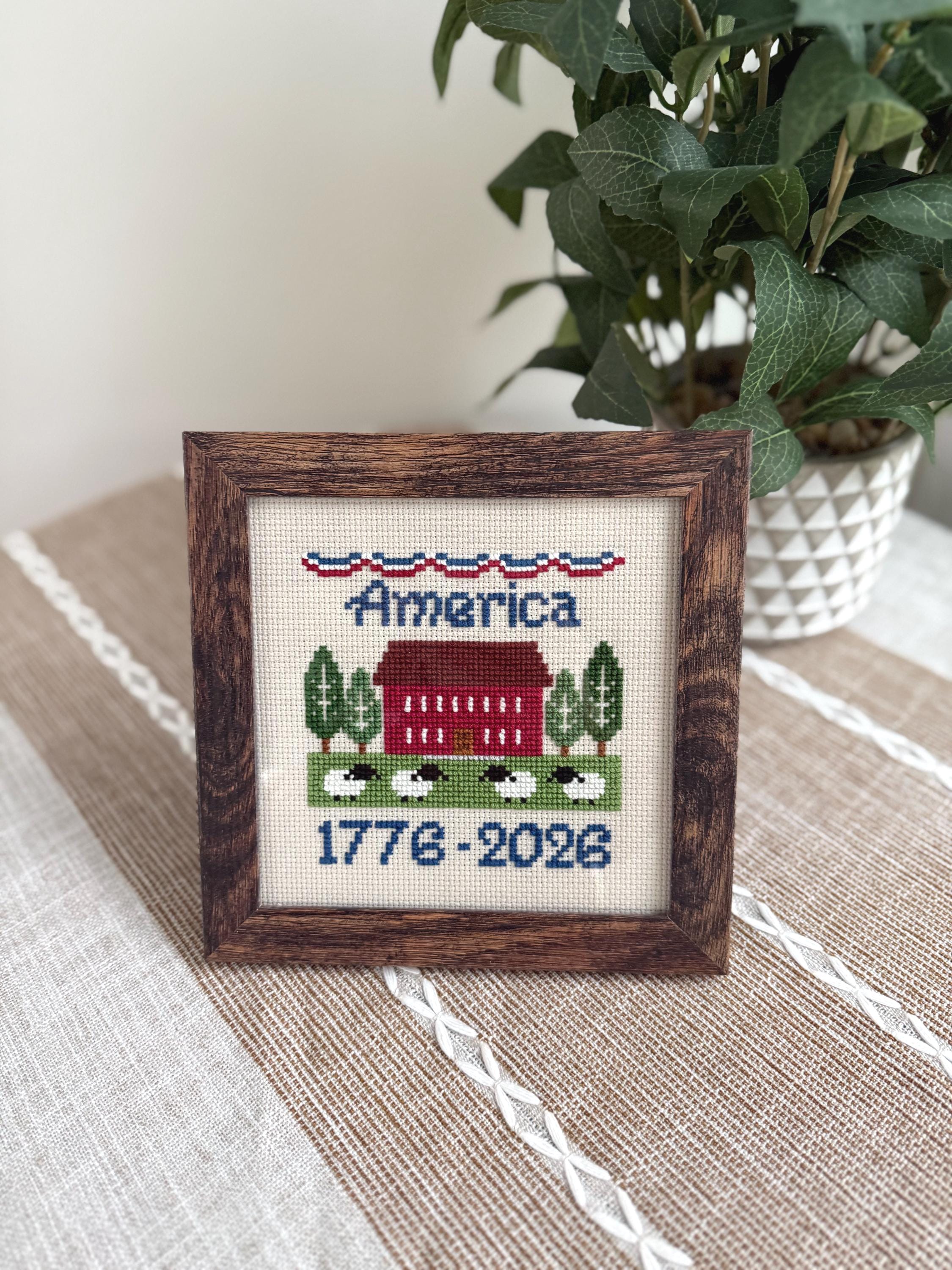 Hand-stitched America cross-stitch — alternate view